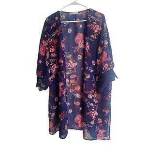 WallFlower Kimono Cardigan Blue Floral Lace‎ Crochet Sleeve Sheer Lightweight XL